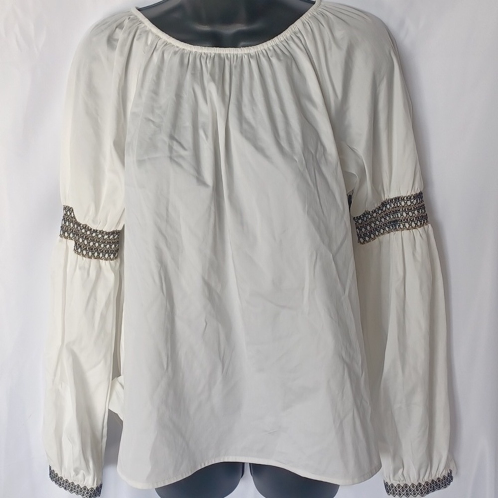 Elizabeth and James White Embroidered BohoPeasant Blouse Long Sleeve Size Small